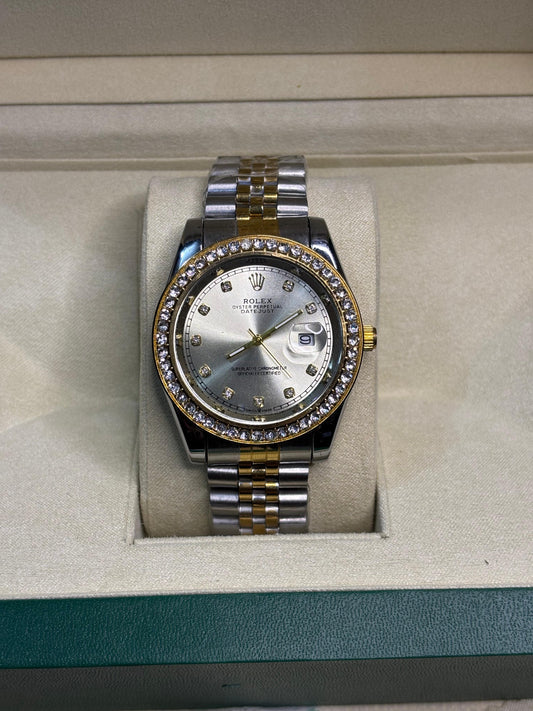 Rolex Oyster Perpetual Datejust – Two-Tone Diamond Bezel & Silver Dial (Men’s)