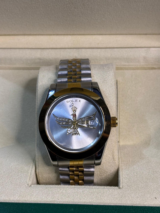 Rolex-Style Custom Eagle Dial Watch with Silver Sunburst Face